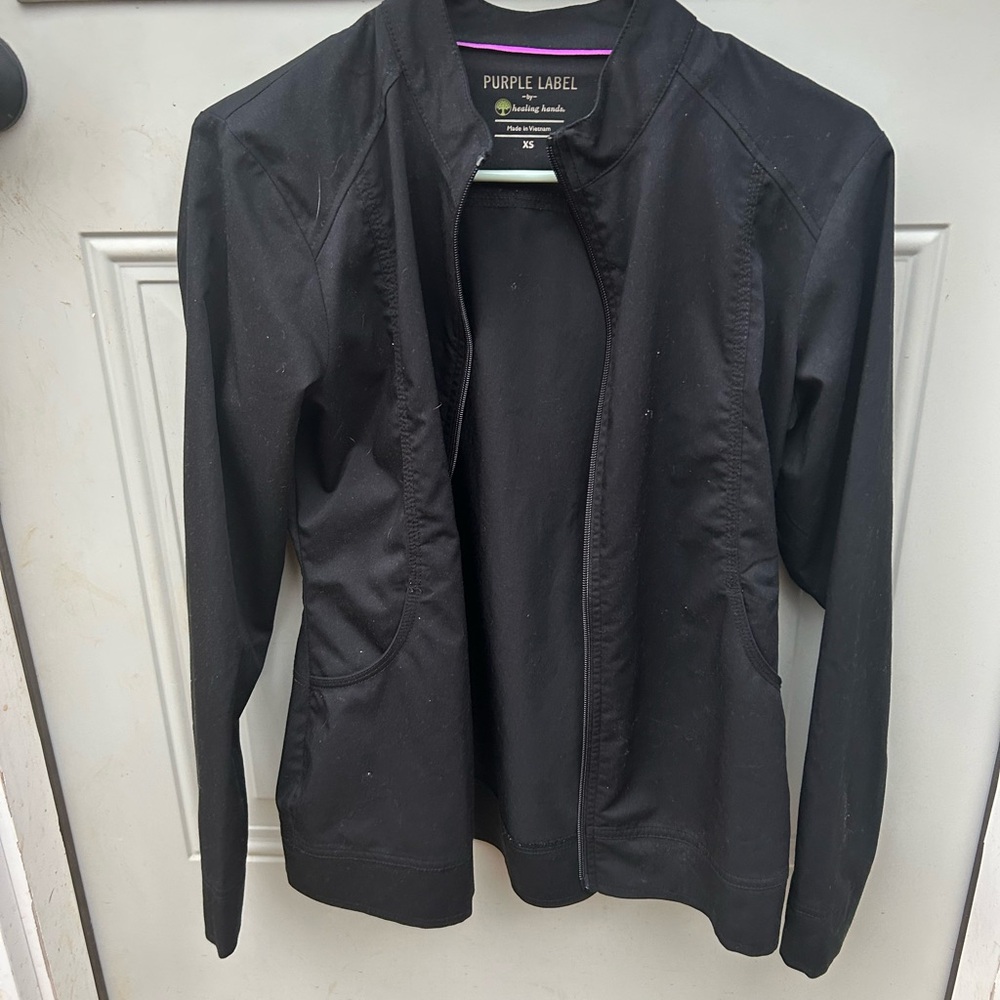 Healing hands black zip up scrub jacket size XS